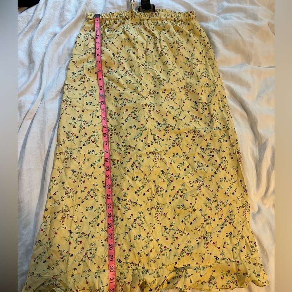 Butter yellow floral print maxi flowy skirt ruffle drawstring waist size S-M - Picture 3 of 4